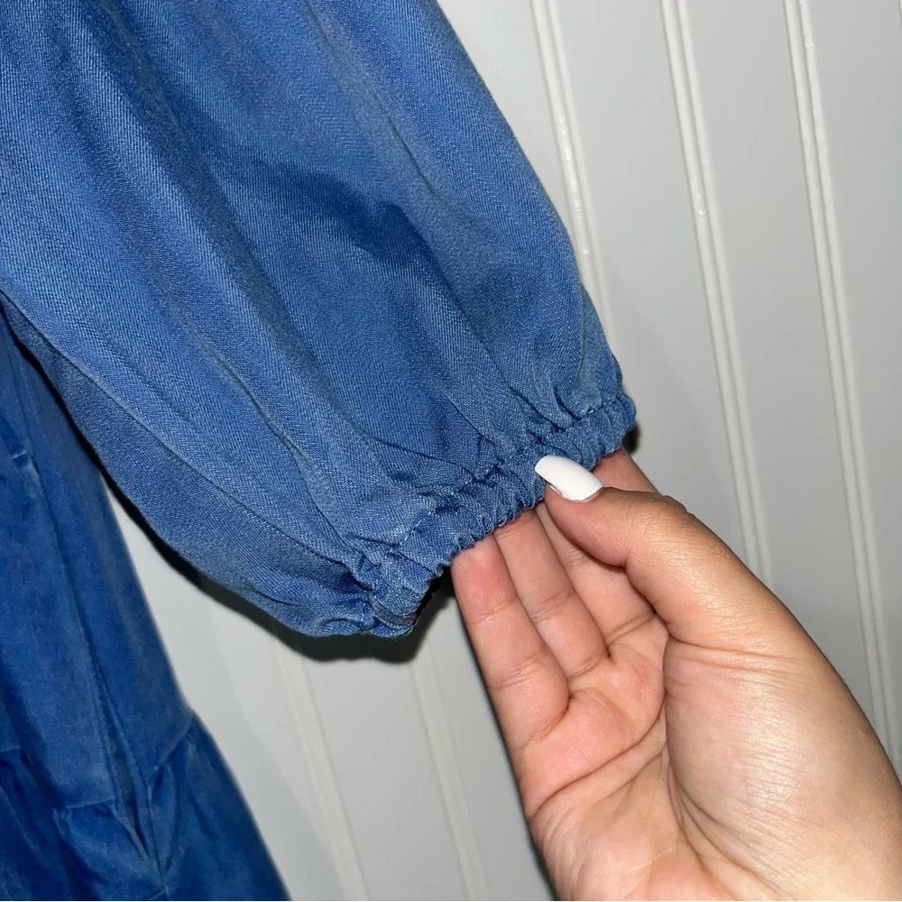 Old Navy XL petite ruffled tie neck tiered chambray tencel swing boho dress - Picture 3 of 8